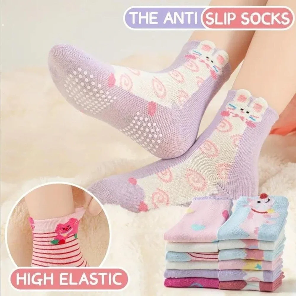 Girls Grip Anti-slip Animal Whimsical Funny Critter Pack Cotton Socks 5-8 YO 6pk